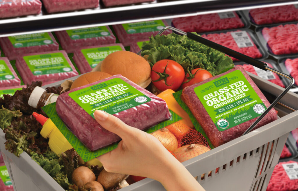 Hand of shopper adding Goodness Grazecious Retail Beef Bricks in to Shopping Basket from Meat Case